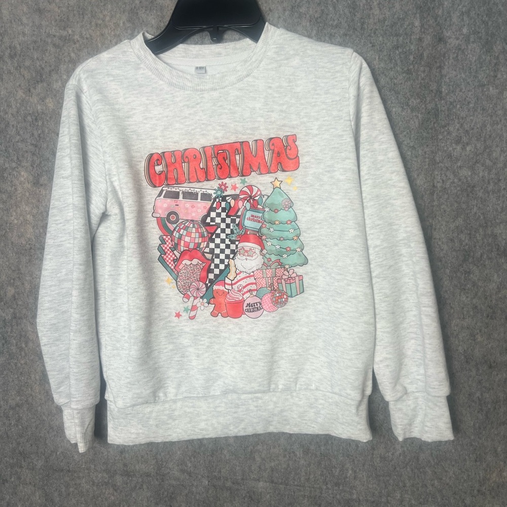 Christmas Kids Size 9-10y Girl Gray Pullover‎ graphic sweater